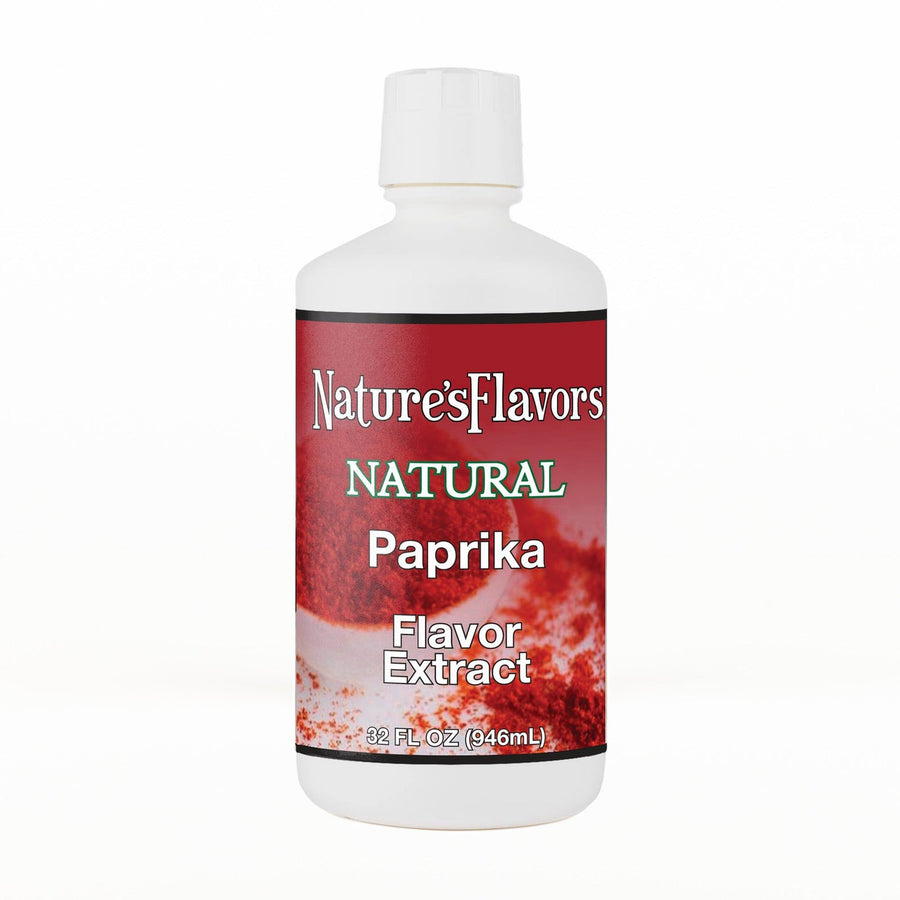 A 32 fl oz white plastic bottle of Nature's Flavors Paprika Flavor Extract Without Diacetyl with a white cap, centered on a white background.