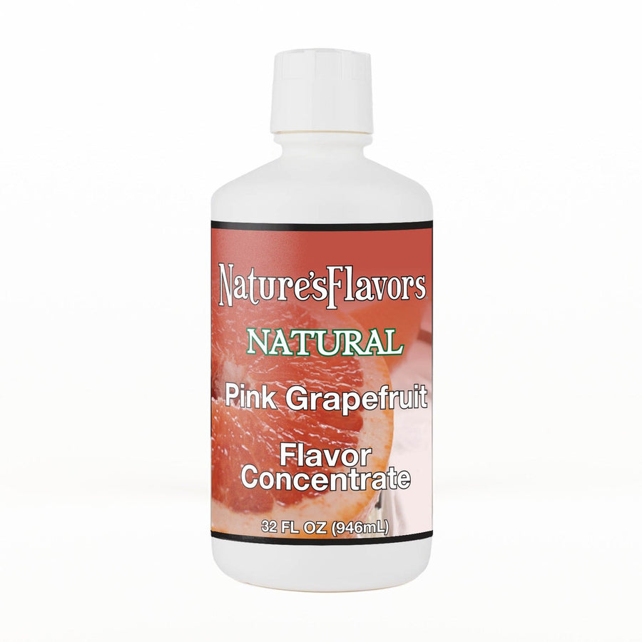 A 32 fl oz white plastic bottle of Nature's Flavors Pink Grapefruit Flavor Concentrate Without Diacetyl with a white cap, centered on a white background.