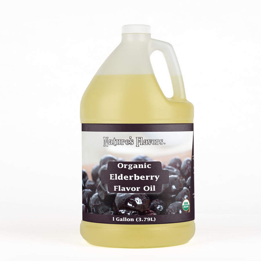 Bottle of Nature's Flavors Organic Elderberry Flavor Oil on a white background
