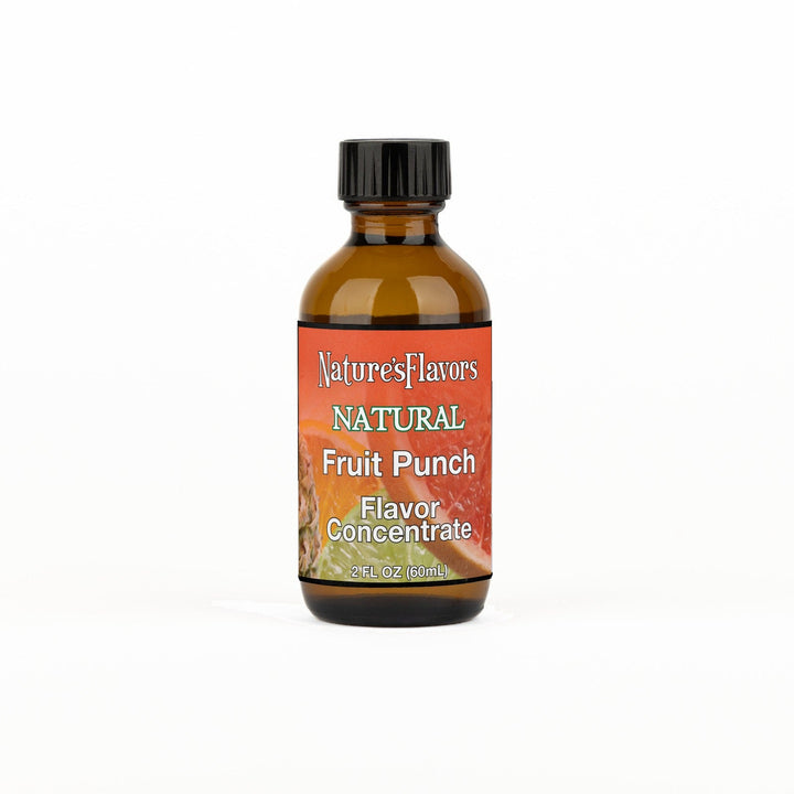 A 2 fl oz amber glass bottle of Nature's Flavors Fruit Punch Flavor Concentrate Without Diacetyl with a black cap, centered on a white background.
