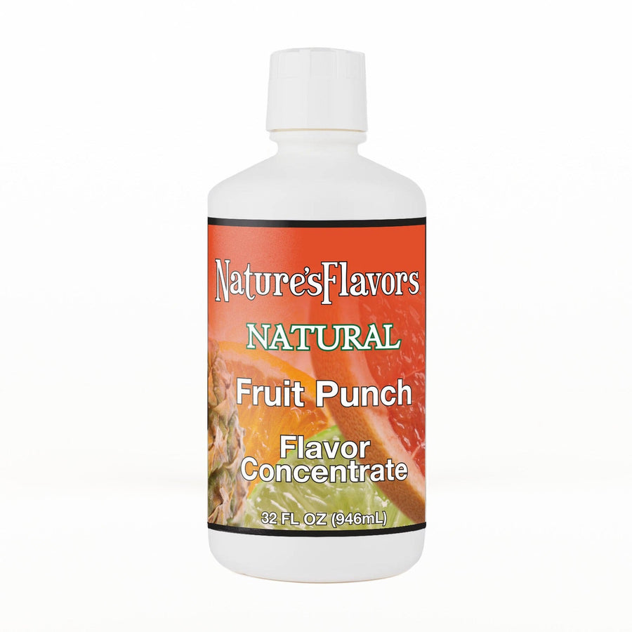 A 32 fl oz white plastic bottle of Nature's Flavors Fruit Punch Flavor Concentrate Without Diacetyl with a white cap, centered on a white background.