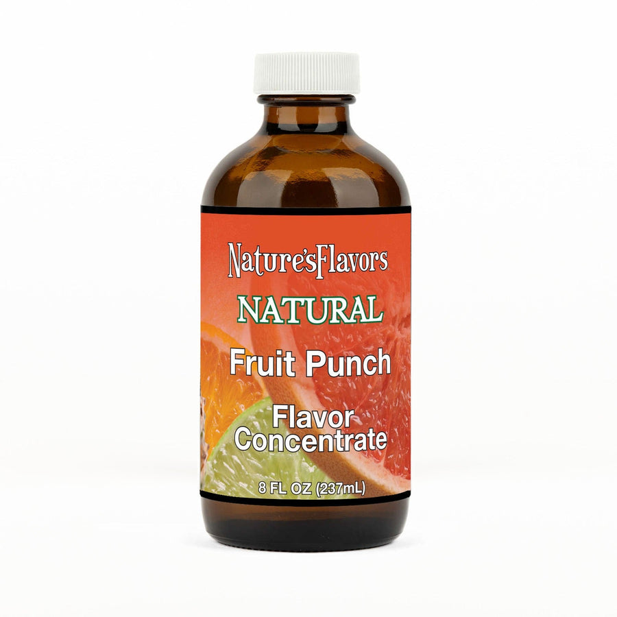 An 8 fl oz amber glass bottle of Nature's Flavors Fruit Punch Flavor Concentrate Without Diacetyl with a white cap, centered on a white background.