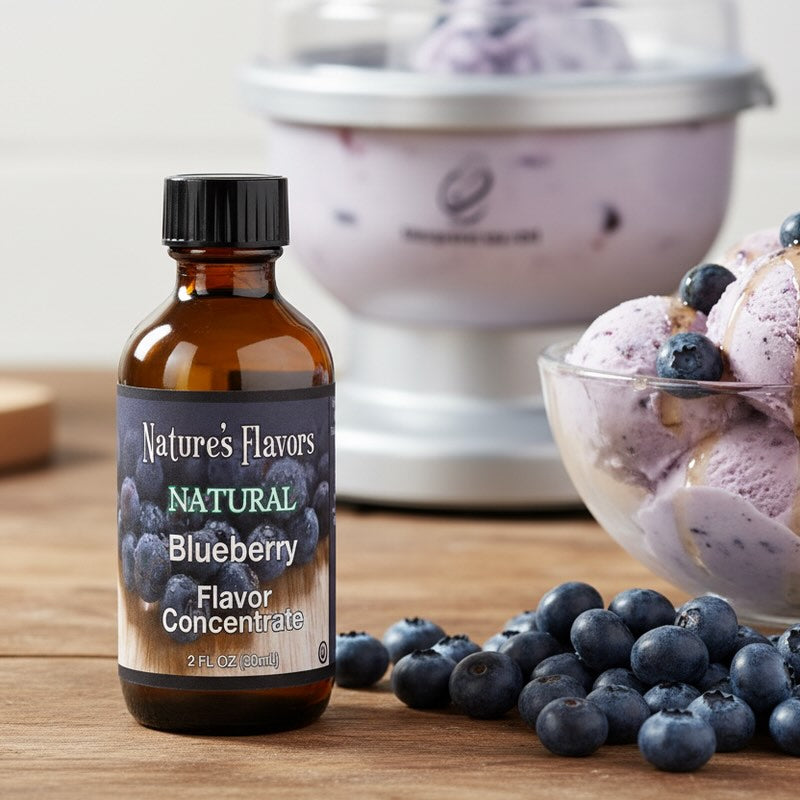 Bottle of Nature's Flavors Blueberry flavor concentrate with blueberries and ice cream in the background.