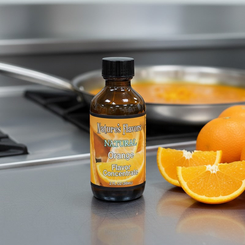 Bottle of Nature's Flavors Natural Orange Flavor Concentrate with oranges on a metallic surface