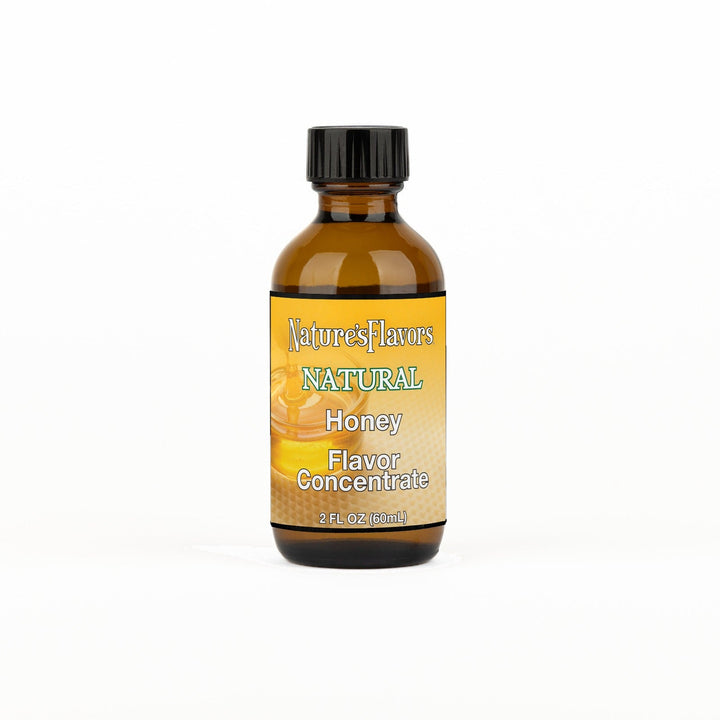 A 2 fl oz amber glass bottle of Nature's Flavors Honey Flavor Concentrate Without Diacetyl with a black cap, centered on a white background.