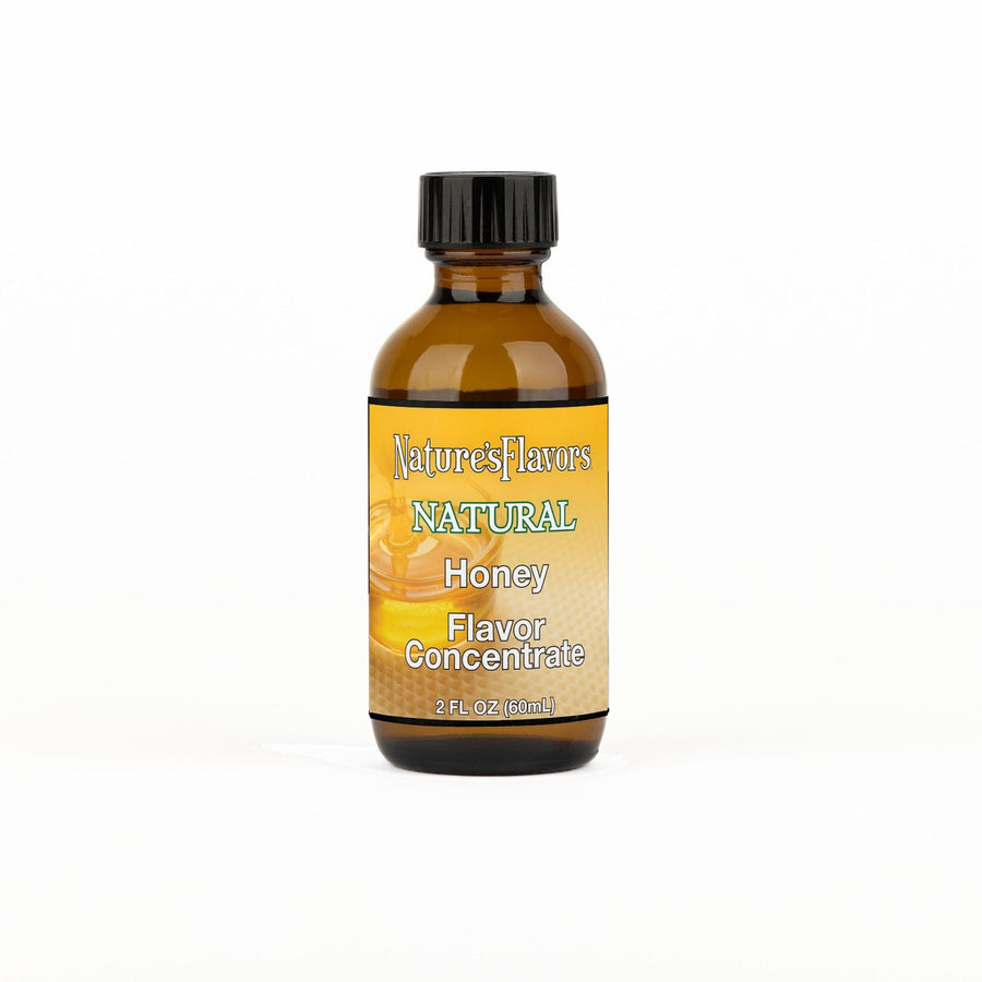 A 2 fl oz amber glass bottle of Nature's Flavors Honey Flavor Concentrate Without Diacetyl with a black cap, centered on a white background.