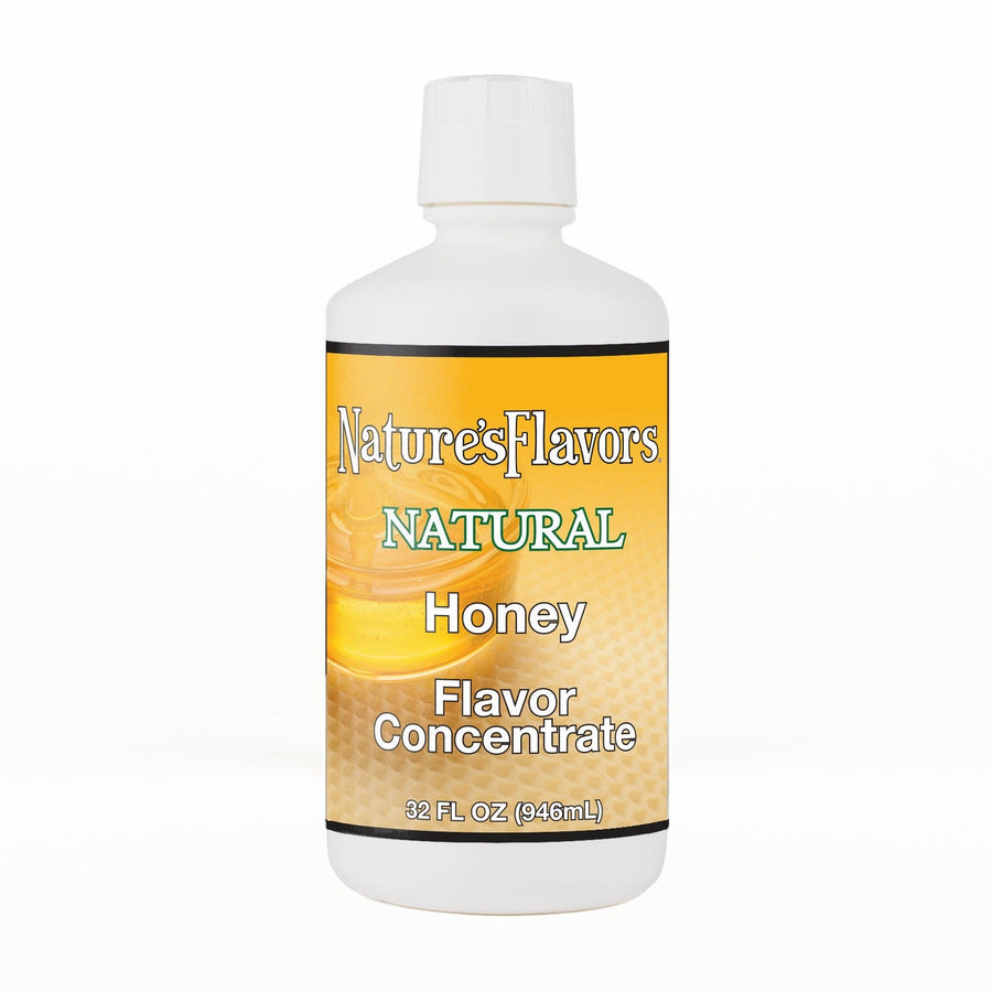A 32 fl oz white plastic bottle of Nature's Flavors Honey Flavor Concentrate Without Diacetyl with a white cap, centered on a white background.