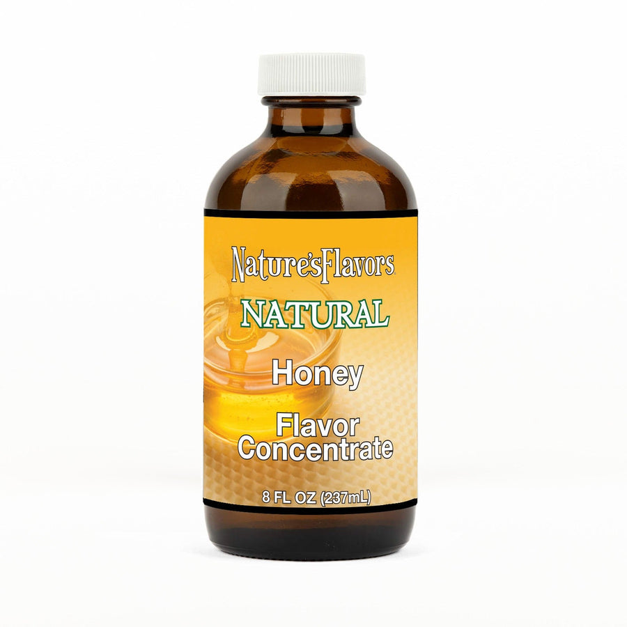 An 8 fl oz amber glass bottle of Nature's Flavors Honey Flavor Concentrate Without Diacetyl with a white cap, centered on a white background.