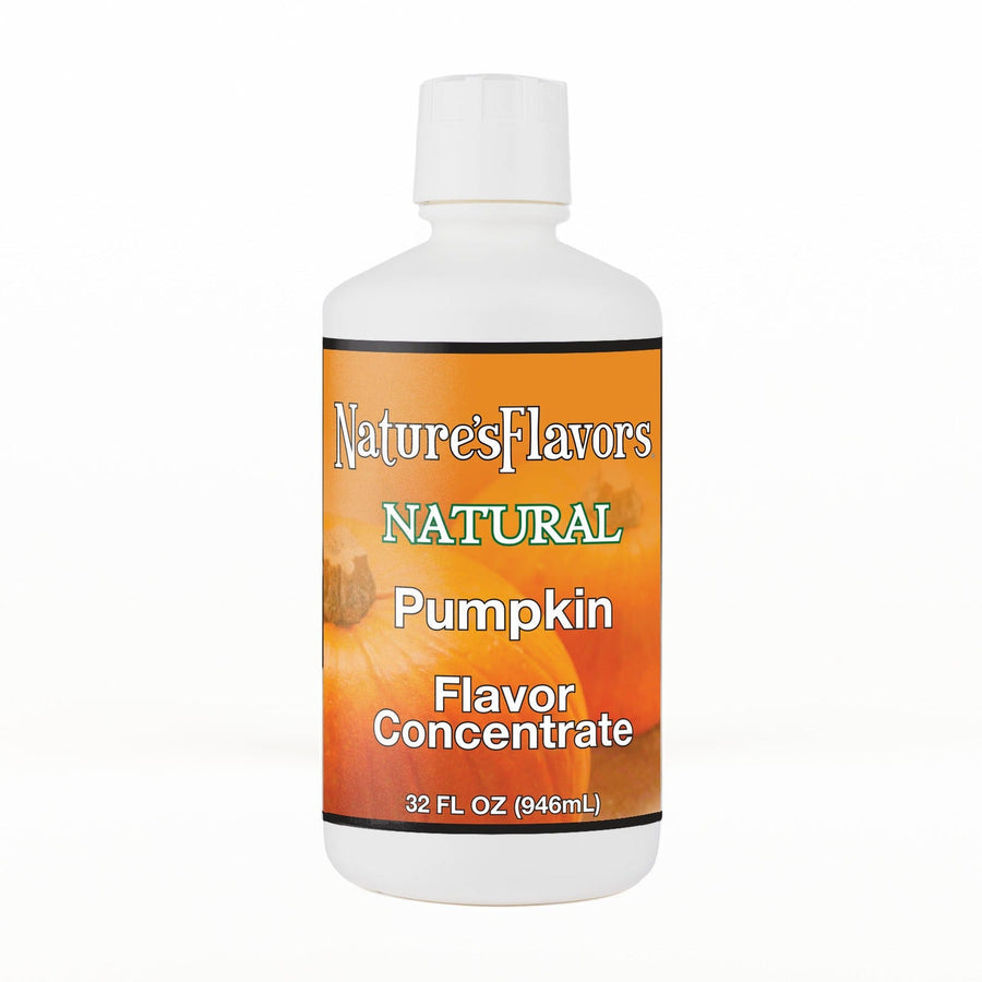 A 32 fl oz white plastic bottle of Nature's Flavors Pumpkin Flavor Concentrate Without Diacetyl with a white cap, centered on a white background.
