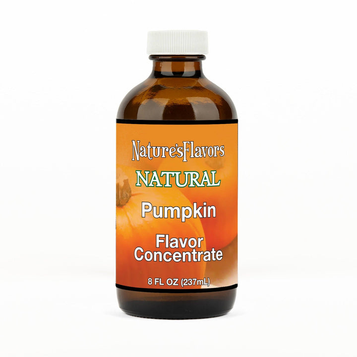 An 8 fl oz amber glass bottle of Nature's Flavors Pumpkin Flavor Concentrate Without Diacetyl with a white cap, centered on a white background.