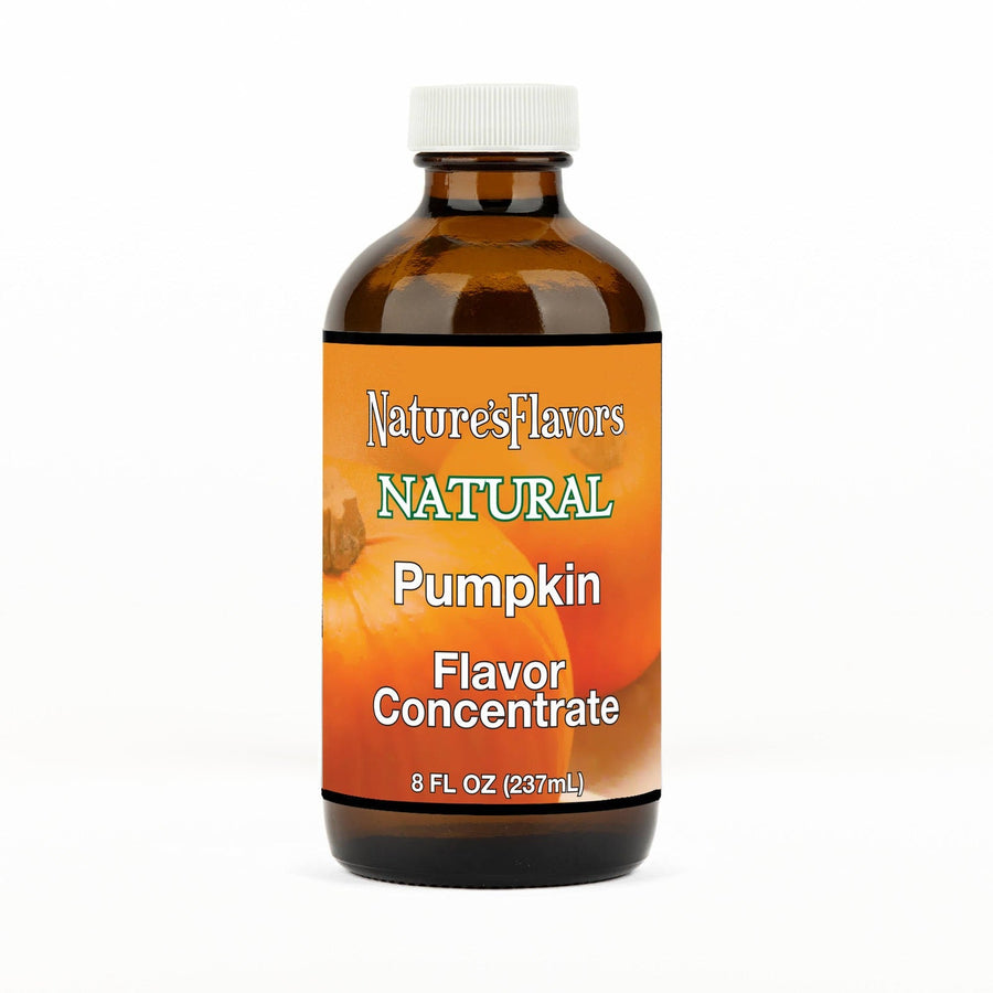 An 8 fl oz amber glass bottle of Nature's Flavors Pumpkin Flavor Concentrate Without Diacetyl with a white cap, centered on a white background.
