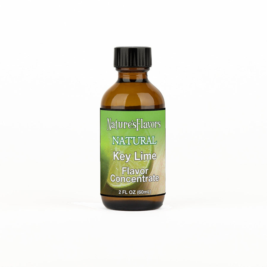 A 2 fl oz amber glass bottle of Nature's Flavors Key Lime Flavor Concentrate Without Diacetyl with a black cap, centered on a white background.