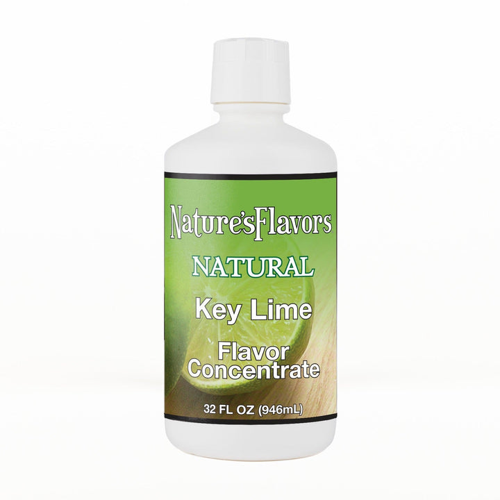 A 32 fl oz white plastic bottle of Nature's Flavors Key Lime Flavor Concentrate Without Diacetyl with a white cap, centered on a white background.