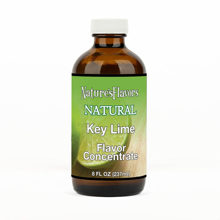 An 8 fl oz amber glass bottle of Nature's Flavors Key Lime Flavor Concentrate Without Diacetyl with a white cap, centered on a white background.