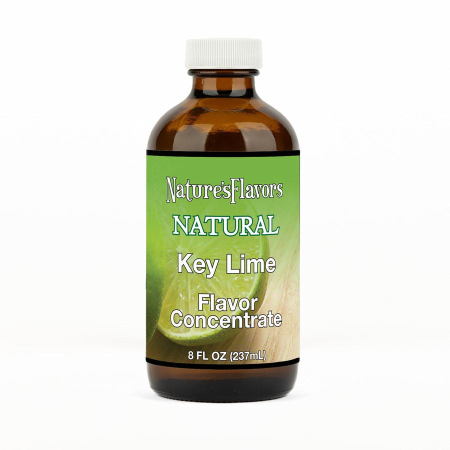 An 8 fl oz amber glass bottle of Nature's Flavors Key Lime Flavor Concentrate Without Diacetyl with a white cap, centered on a white background.