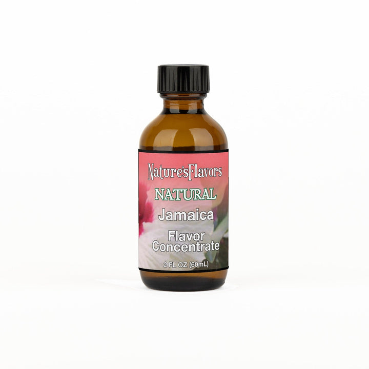 A 2 fl oz amber glass bottle of Nature's Flavors Jamaica Flavor Concentrate Without Diacetyl with a black cap, centered on a white background.