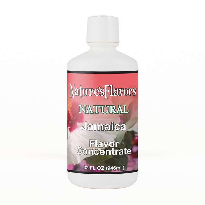 A 32 fl oz white plastic bottle of Nature's Flavors Jamaica Flavor Concentrate Without Diacetyl with a white cap, centered on a white background.