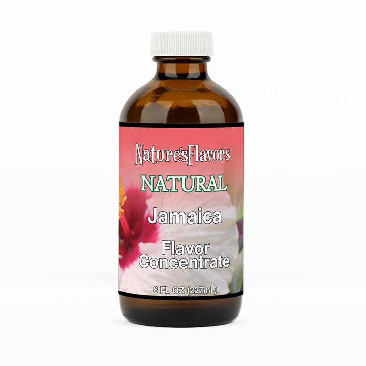An 8 fl oz amber glass bottle of Nature's Flavors Jamaica Flavor Concentrate Without Diacetyl with a white cap, centered on a white background.