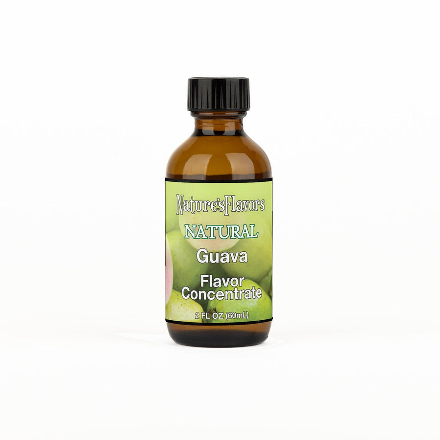 A 2 fl oz amber glass bottle of Nature's Flavors Guava Flavor Concentrate Without Diacetyl with a black cap, centered on a white background.