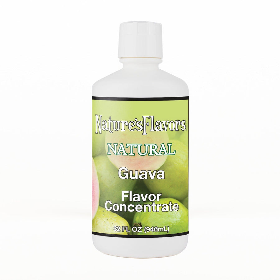 A 32 fl oz white plastic bottle of Nature's Flavors Guava Flavor Concentrate Without Diacetyl with a white cap, centered on a white background.
