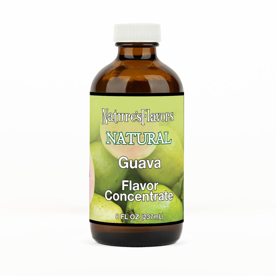 An 8 fl oz amber glass bottle of Nature's Flavors Guava Flavor Concentrate Without Diacetyl with a white cap, centered on a white background.