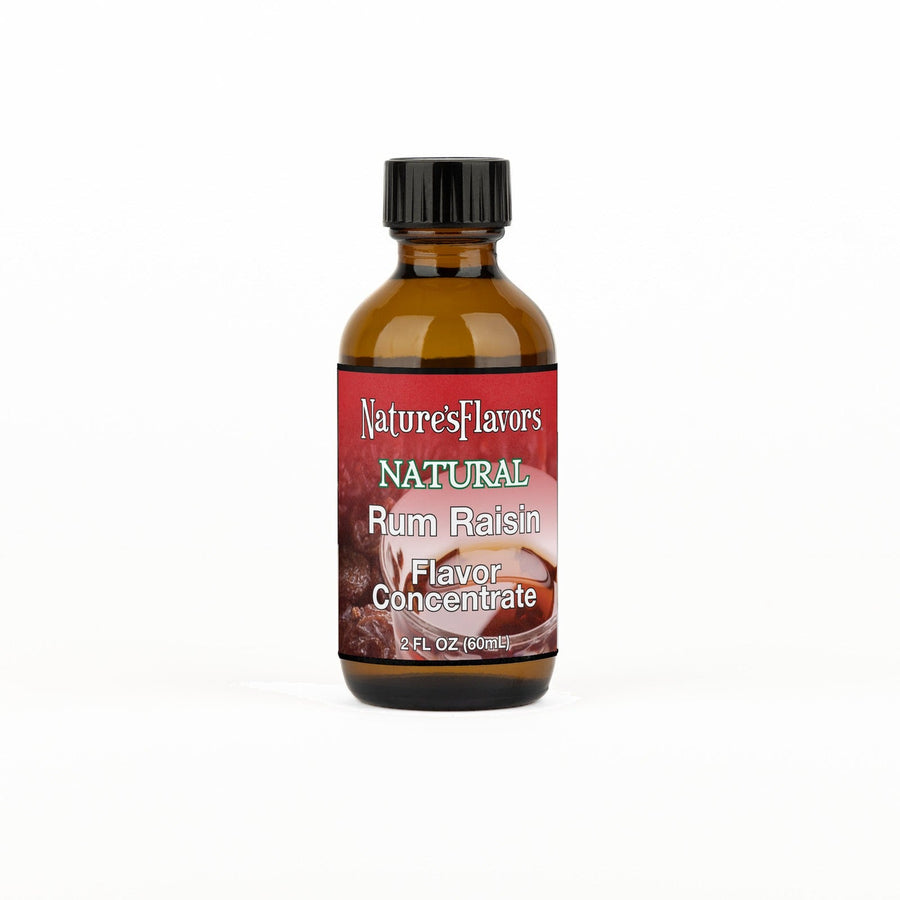 A 2 fl oz amber glass bottle of Nature's Flavors Rum Raisin Flavor Concentrate Without Diacetyl with a black cap, centered on a white background.