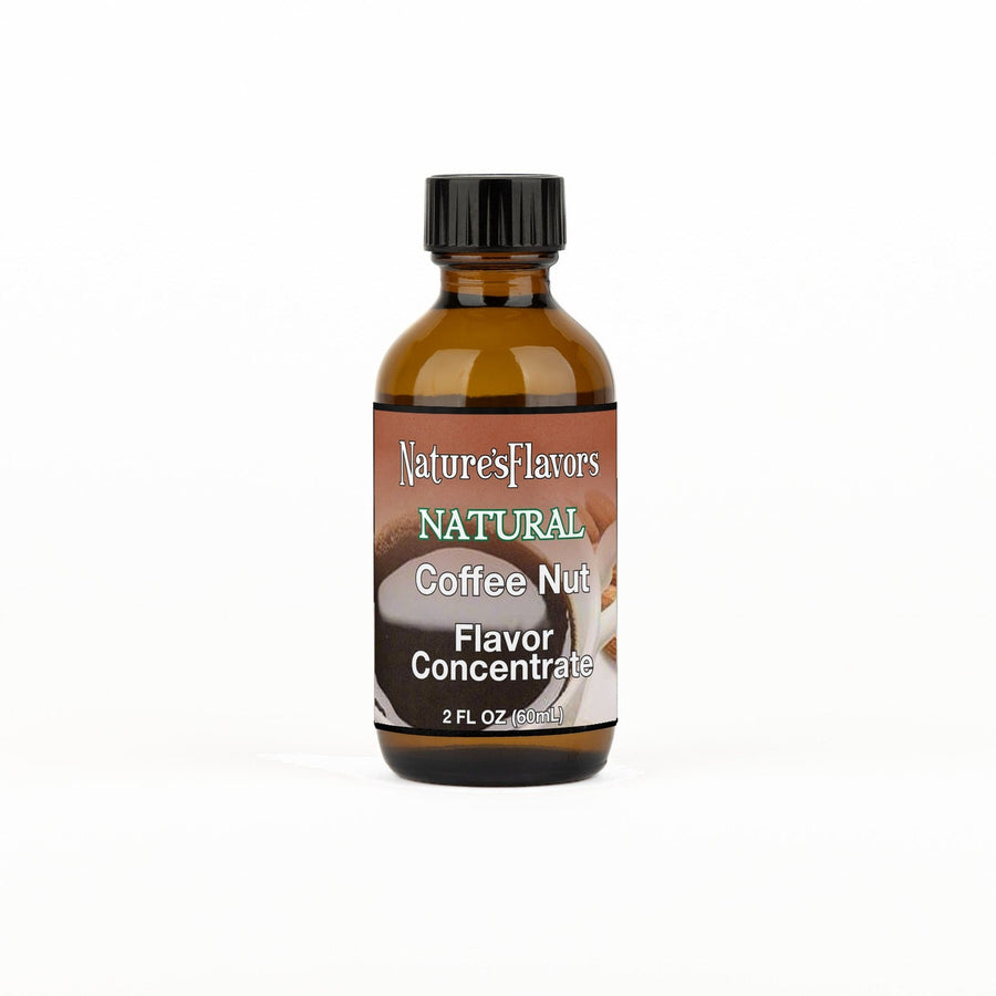 A 2 fl oz amber glass bottle of Nature's Flavors Coffee Nut Flavor Concentrate Without Diacetyl with a black cap, centered on a white background.