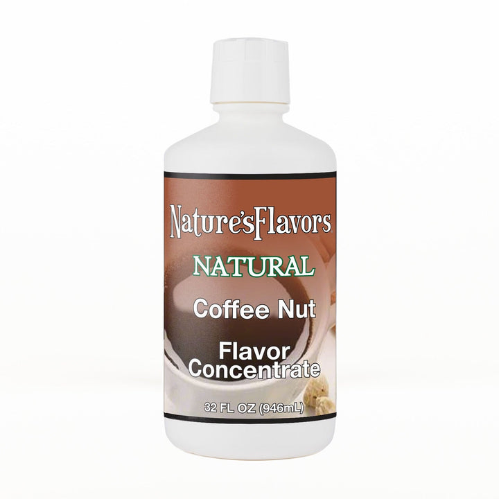 A 32 fl oz white plastic bottle of Nature's Flavors Coffee Nut Flavor Concentrate Without Diacetyl with a white cap, centered on a white background.