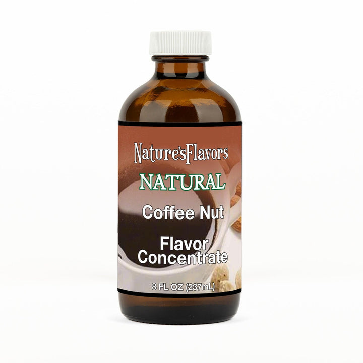 An 8 fl oz amber glass bottle of Nature's Flavors Coffee Nut Flavor Concentrate Without Diacetyl with a white cap, centered on a white background.
