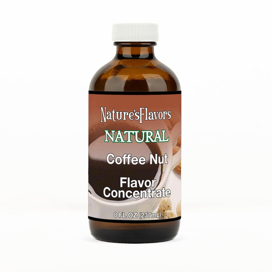 An 8 fl oz amber glass bottle of Nature's Flavors Coffee Nut Flavor Concentrate Without Diacetyl with a white cap, centered on a white background.
