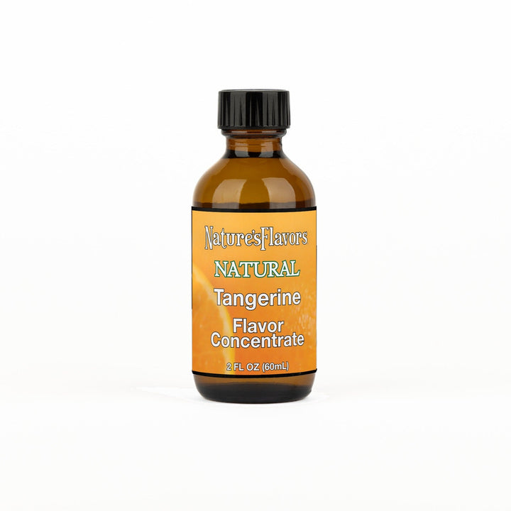 A 2 fl oz amber glass bottle of Nature's Flavors Tangerine Flavor Concentrate Without Diacetyl with a black cap, centered on a white background.