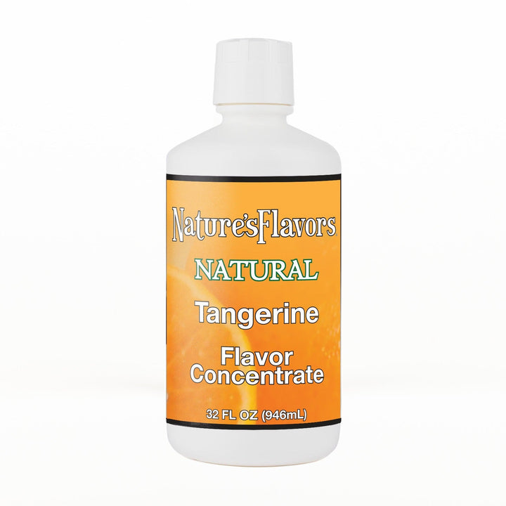 A 32 fl oz white plastic bottle of Nature's Flavors Tangerine Flavor Concentrate Without Diacetyl with a white cap, centered on a white background.