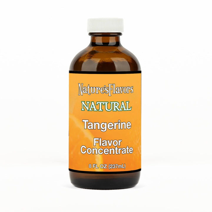 An 8 fl oz amber glass bottle of Nature's Flavors Tangerine Flavor Concentrate Without Diacetyl with a white cap, centered on a white background.