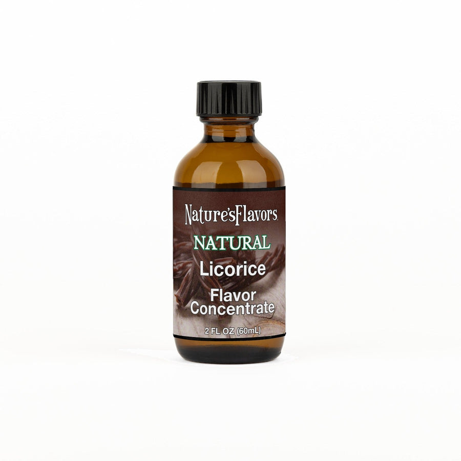 A 2 fl oz amber glass bottle of Nature's Flavors Licorice Flavor Concentrate Without Diacetyl with a black cap, centered on a white background.