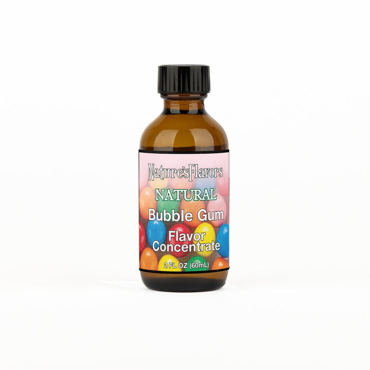 A 2 fl oz amber glass bottle of Nature's Flavors Bubble Gum Flavor Concentrate Without Diacetyl with a black cap, centered on a white background.