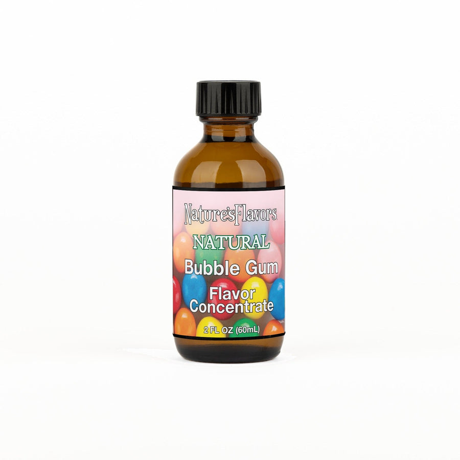 A 2 fl oz amber glass bottle of Nature's Flavors Bubble Gum Flavor Concentrate Without Diacetyl with a black cap, centered on a white background.