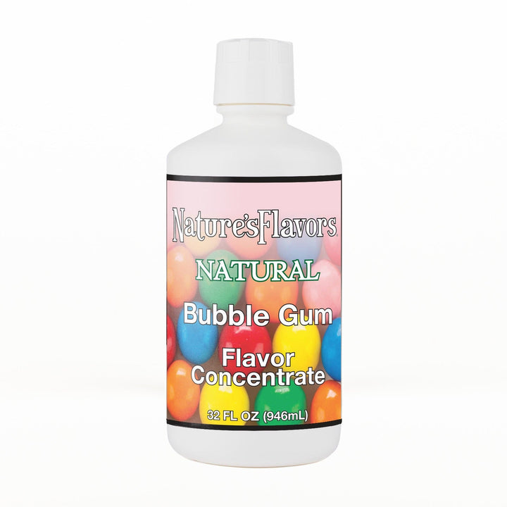 A 32 fl oz white plastic bottle of Nature's Flavors Bubble Gum Flavor Concentrate Without Diacetyl with a white cap, centered on a white background.