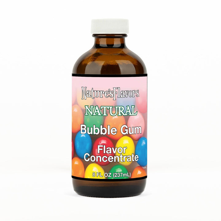 An 8 fl oz amber glass bottle of Nature's Flavors Bubble Gum Flavor Concentrate Without Diacetyl with a white cap, centered on a white background.