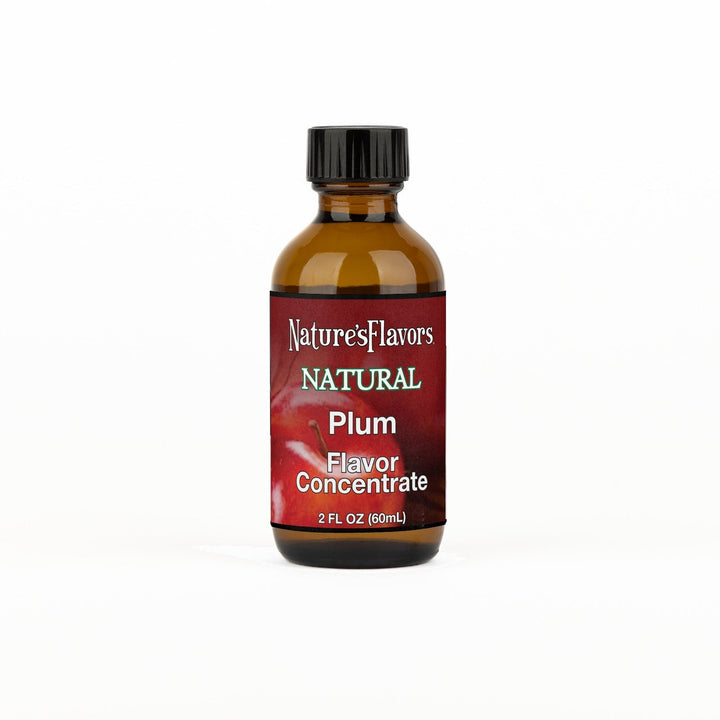 A 2 fl oz amber glass bottle of Nature's Flavors Plum Flavor Concentrate, Natural with a black cap, centered on a white background.