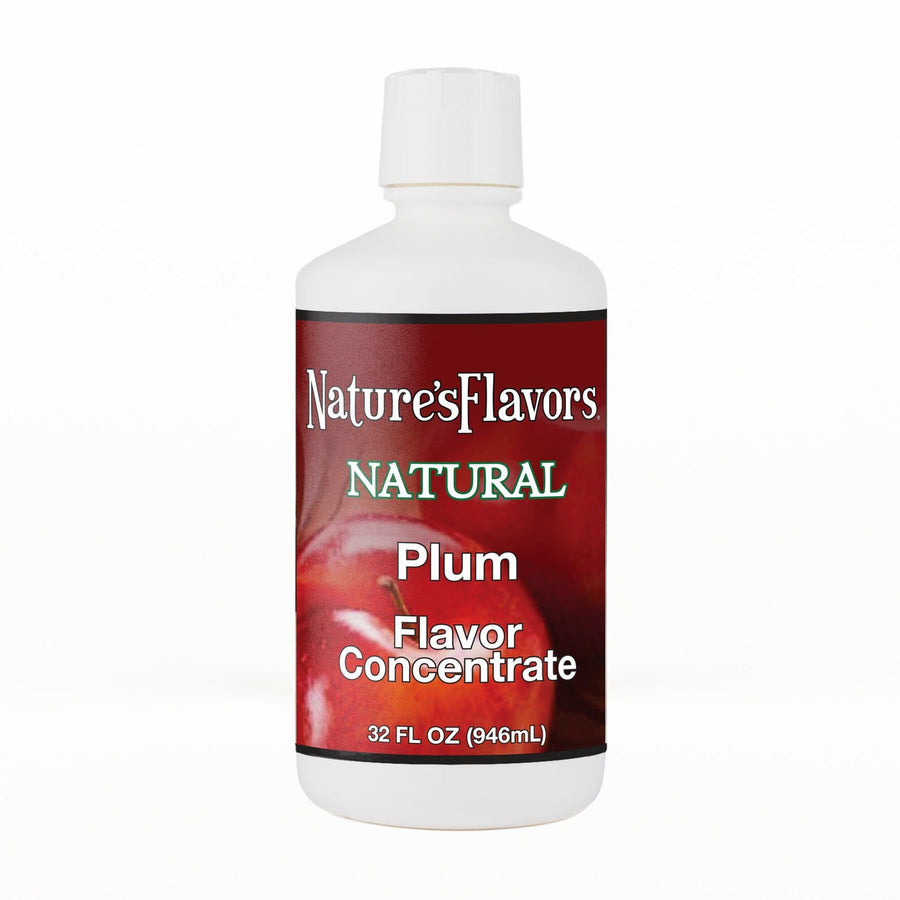 A 32 fl oz white plastic bottle of Nature's Flavors Plum Flavor Concentrate, Natural with a white cap, centered on a white background.