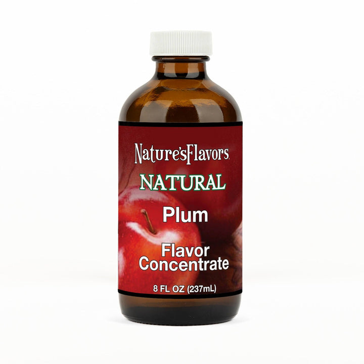 An 8 fl oz amber glass bottle of Nature's Flavors Plum Flavor Concentrate, Natural with a white cap, centered on a white background.