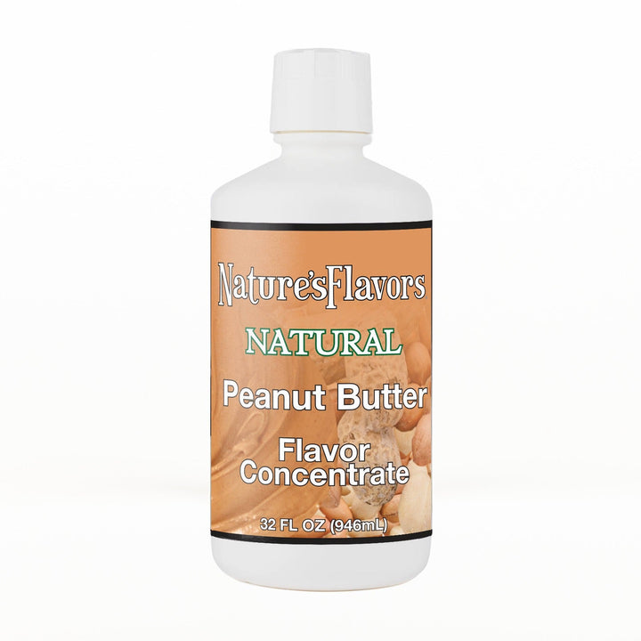 A 32 fl oz white plastic bottle of Nature's Flavors Peanut Butter Flavor Concentrate Without Diacetyl with a white cap, centered on a white background.