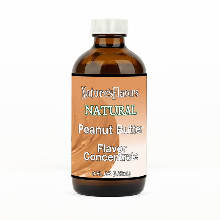 An 8 fl oz amber glass bottle of Nature's Flavors Peanut Butter Flavor Concentrate Without Diacetyl with a white cap, centered on a white background.