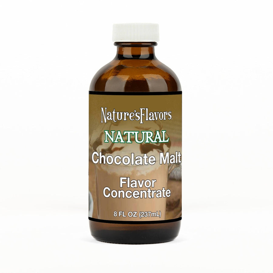 An 8 fl oz amber glass bottle of Nature's Flavors Chocolate Malt Flavor Concentrate Without Diacetyl with a white cap, centered on a white background.
