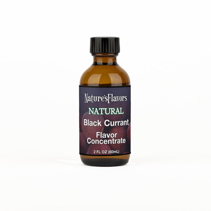 A 2 fl oz amber glass bottle of Nature's Flavors Black Currant Flavor Concentrate Without Diacetyl with a black cap, centered on a white background.