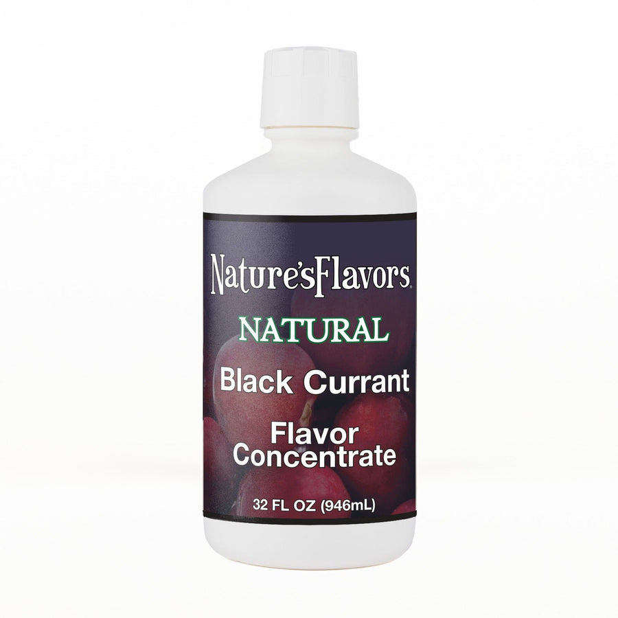 A 32 fl oz white plastic bottle of Nature's Flavors Black Currant Flavor Concentrate Without Diacetyl with a white cap, centered on a white background.