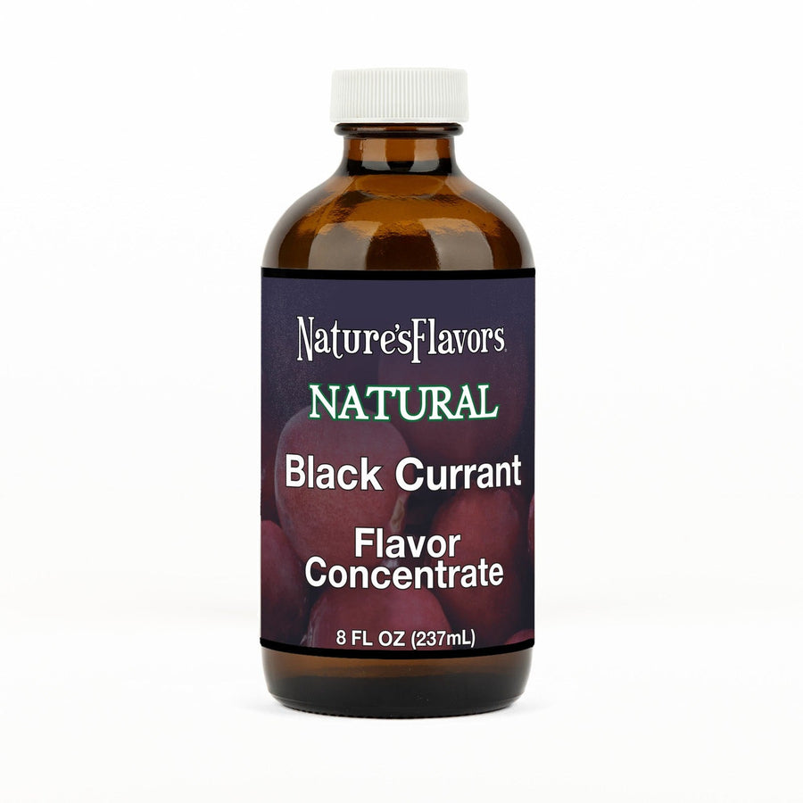 An 8 fl oz amber glass bottle of Nature's Flavors Black Currant Flavor Concentrate Without Diacetyl with a white cap, centered on a white background.