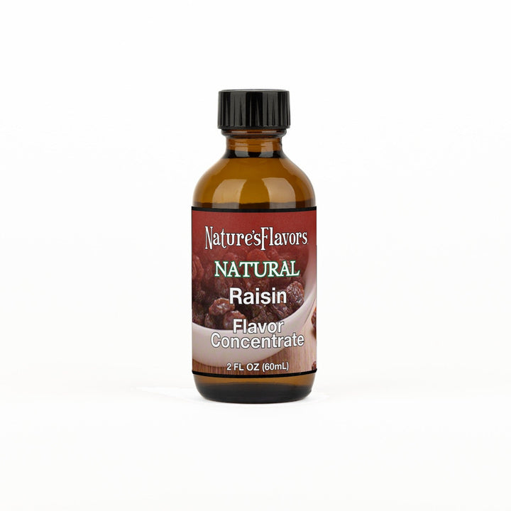 A 2 fl oz amber glass bottle of Nature's Flavors Raisin Flavor Concentrate Without Diacetyl with a black cap, centered on a white background.
