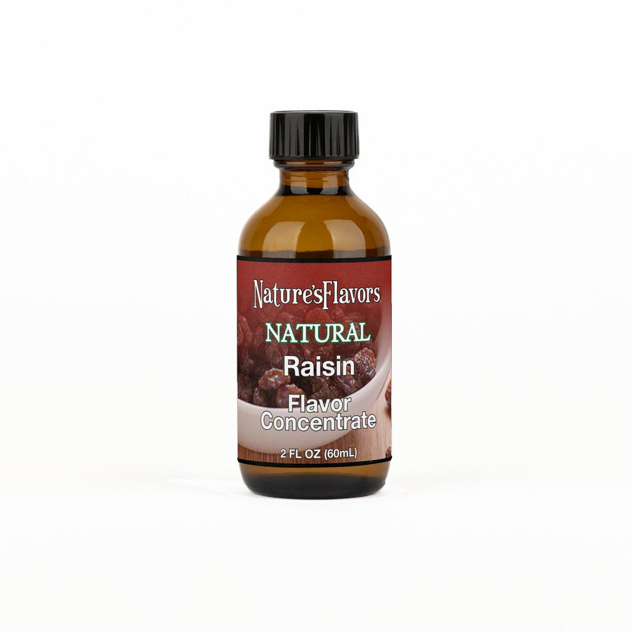 A 2 fl oz amber glass bottle of Nature's Flavors Raisin Flavor Concentrate Without Diacetyl with a black cap, centered on a white background.