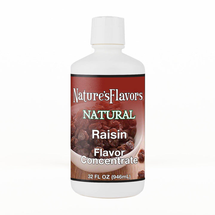 A 32 fl oz white plastic bottle of Nature's Flavors Raisin Flavor Concentrate Without Diacetyl with a white cap, centered on a white background.